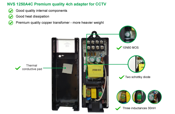 NVS1250A4C- 4ch power adapter 2 MAG premium quality 4ch power adapter