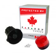 Standard siren package with horn, metal box, and strobe light as essential alarm system accessories.