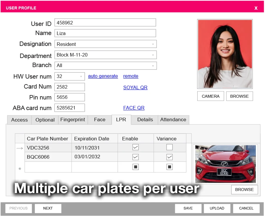 Multiple car plates per user